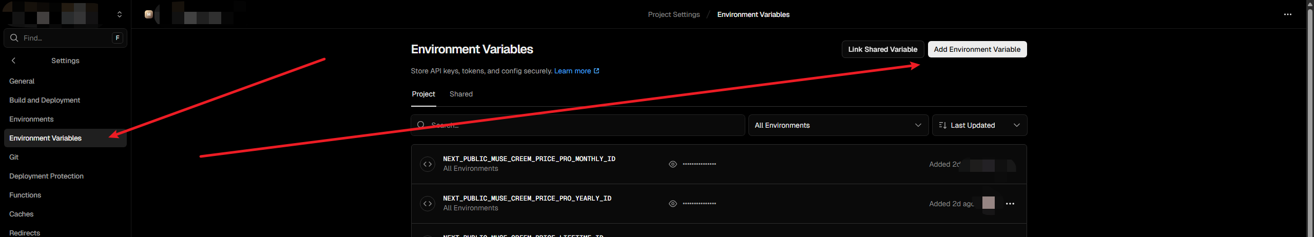Settings → Environment Variables